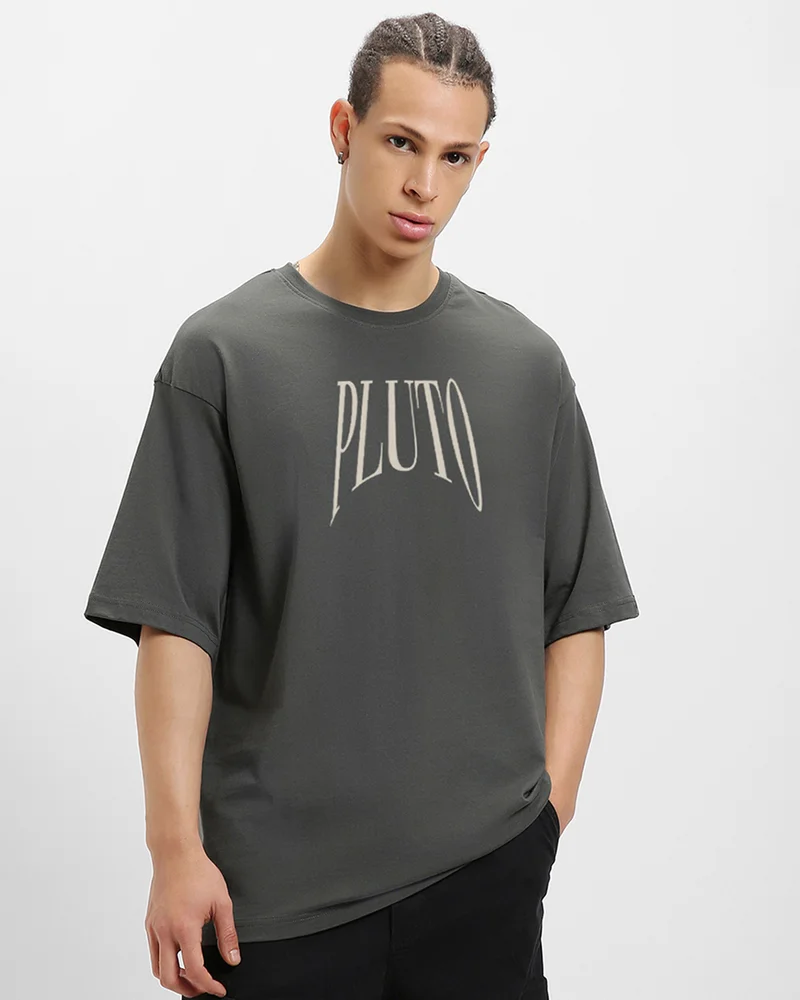 بيواكوف Men's Grey Pluto Graphic Printed Oversized T-shirt
